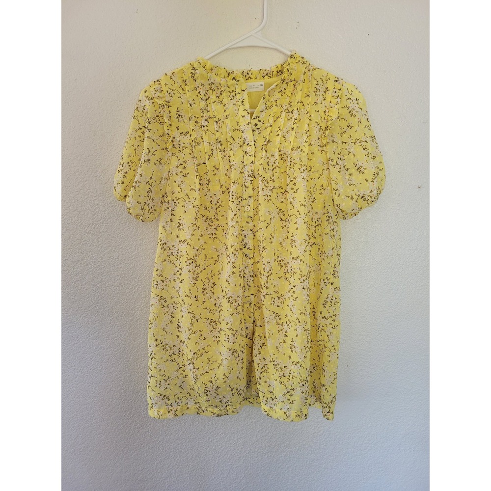 Zara‎ Floral Print Dress Ruffle Neck Full Button Short Sleeve Yellow Size 9 #4